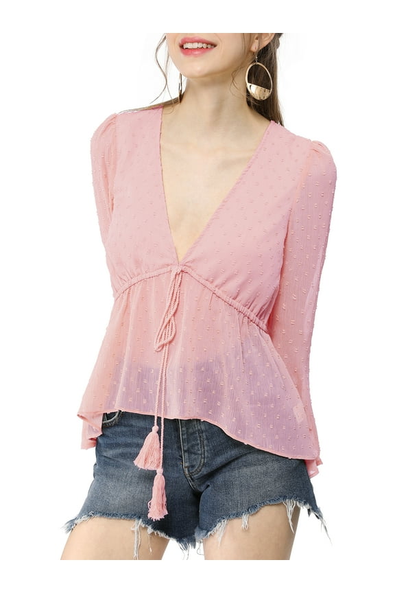 Women's Deep V Neck Drawstring Swiss Long Sleeves Blouse Tops L Pink
