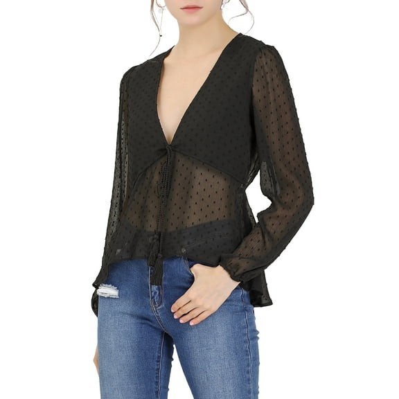 INSPIRE CHIC Women's Deep V Neck Drawstring Swiss Long Sleeves Blouse Tops M Black