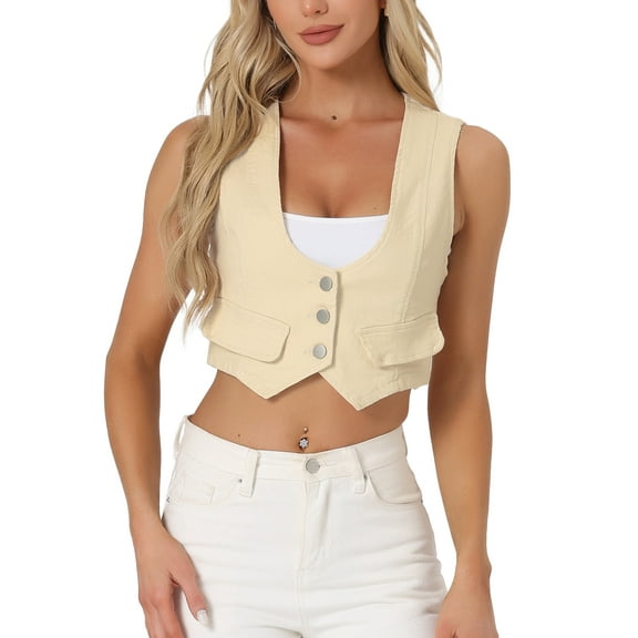 INSPIRE CHIC Women's Denim Button up Scoop Neck Sleeveless Coppped Vest Jacket L Apricot