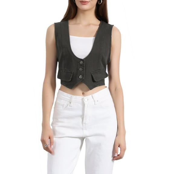 INSPIRE CHIC Women's Denim Button up Scoop Neck Sleeveless Coppped Vest Jacket L Dark Grey