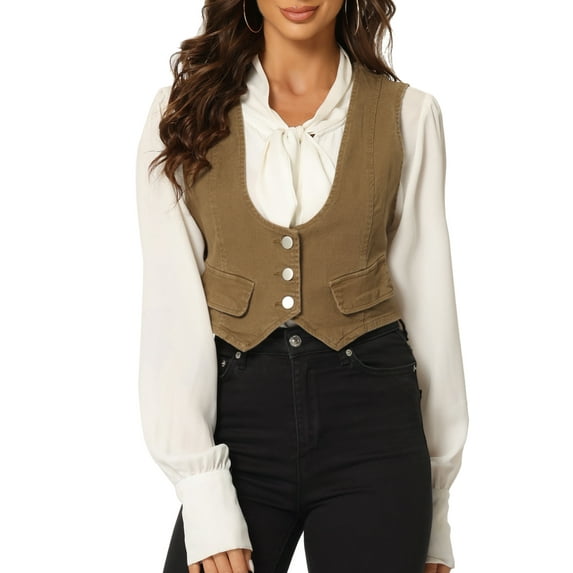 INSPIRE CHIC Women's Denim Button up Scoop Neck Sleeveless Coppped Vest Jacket M Brown
