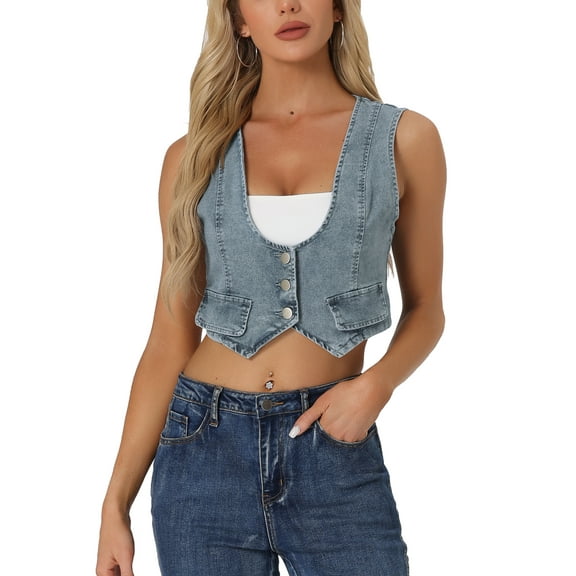 INSPIRE CHIC Women's Denim Button up Scoop Neck Sleeveless Coppped Vest Jacket XS Gray Blue