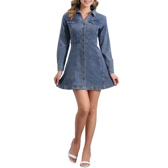 Women's Denim Dress Button Down Collar V Neck Long Sleeve A-line Cotton Jean Dress L Retro Blue
