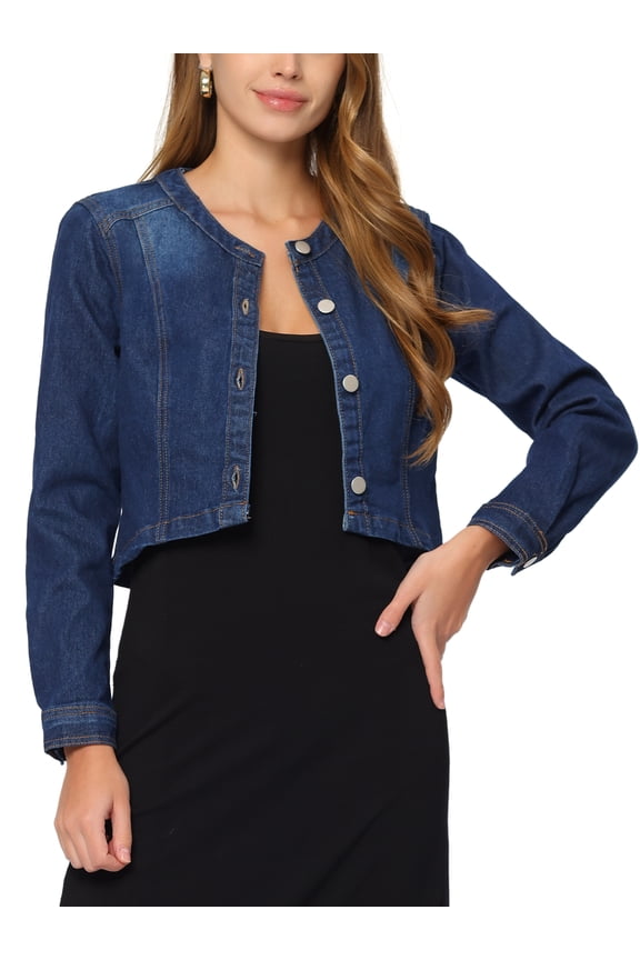 Women's Denim Jackets Collarless Long Sleeves Button Down Crop Jean Jackets M Dark Blue