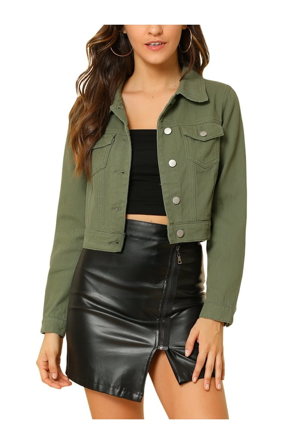Women's Denim Cropped Jackets Chest Pocket Plaid Trim Button Down Jean Jacket 2XL Olive Green