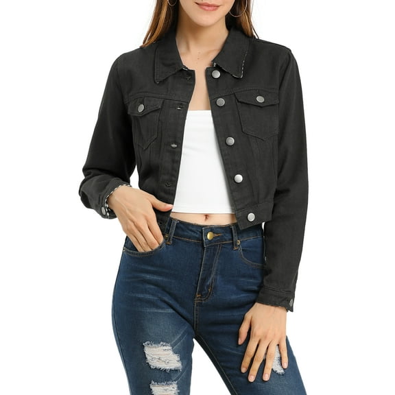 INSPIRE CHIC Women's Denim Cropped Jackets Chest Pocket Plaid Trim Button Down Jean Jacket 3XL Black