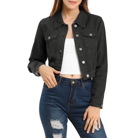 INSPIRE CHIC Women's Denim Cropped Jackets Chest Pocket Plaid Trim Button Down Jean Jacket XS Black