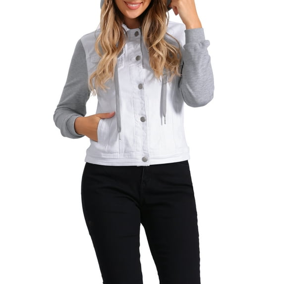 INSPIRE CHIC Women's Washed Denim Jacket Contrast Sleeve Drawstring Hood Button Down Outerwear L White