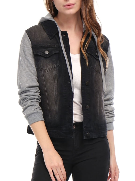 Women's Washed Denim Jacket Contrast Sleeve Drawstring Hood Button Down Outerwear XL Black