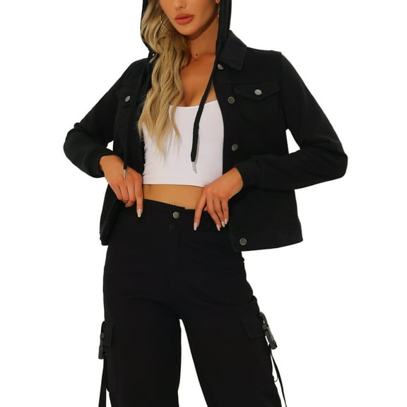 INSPIRE CHIC Women's Washed Denim Jacket Contrast Sleeve Drawstring Hood Button Down Outerwear XS Dark Black