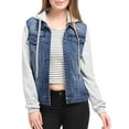 thumbnail image 1 of INSPIRE CHIC Women's Washed Denim Jacket Contrast Sleeve Drawstring Hood Button Down Outerwear XS Dark Blue, 1 of 6