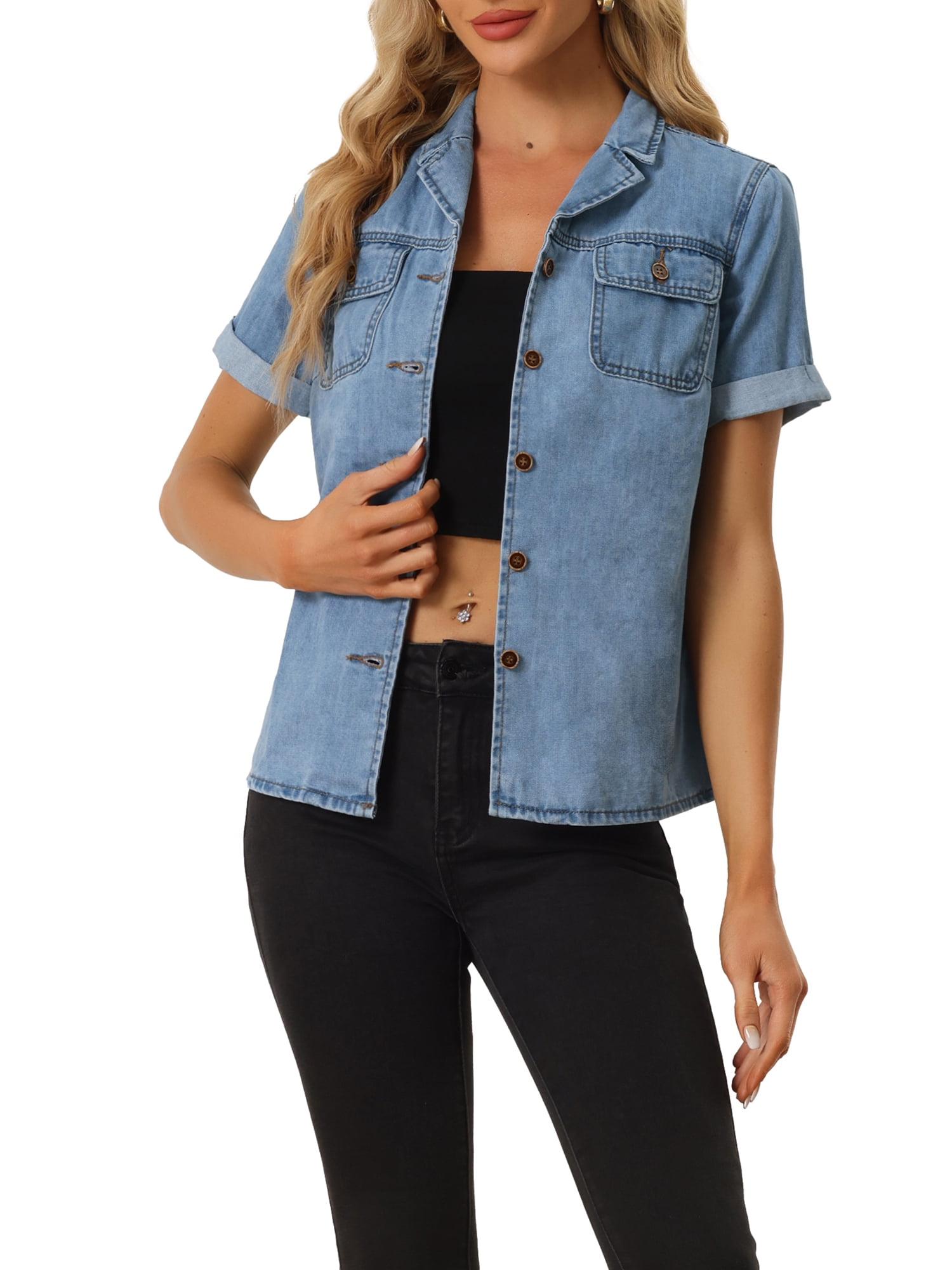 Blue Soft Denim Shirt Jacket Women's Long Sleeve Bandage Denim Dress Top