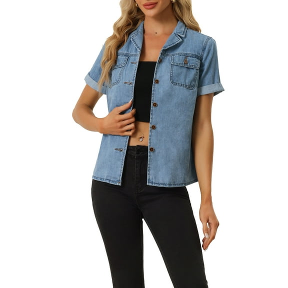 INSPIRE CHIC Women's Denim Jacket Short Sleeve Collared Button Up Jean Shirt Tops XS Light Blue