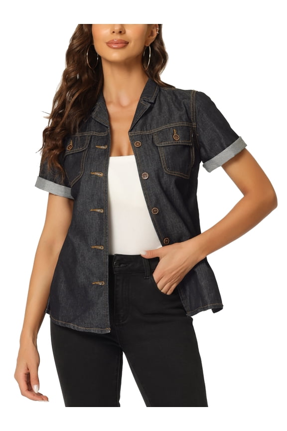 Women's Denim Jacket Short Sleeve Collared Button Up Jean Shirt Tops M Black