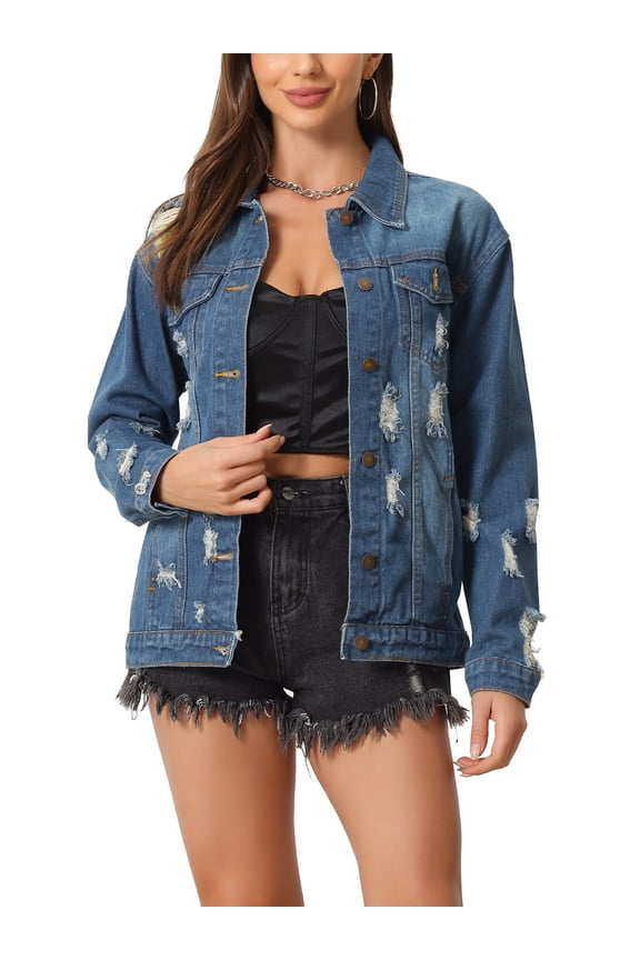 Women's Denim Jacket Oversized Button Down Ripped Distressed Jean Coat Blue S