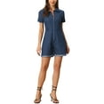 thumbnail image 1 of INSPIRE CHIC Women's Denim Jumpsuit V Neck Zip Up Short Sleeve Belted Jeans Romper, 1 of 5