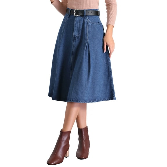 INSPIRE CHIC Women's Denim Pleated Skirt High Waist A-Line Pocket Classic Midi Skirt with Belt