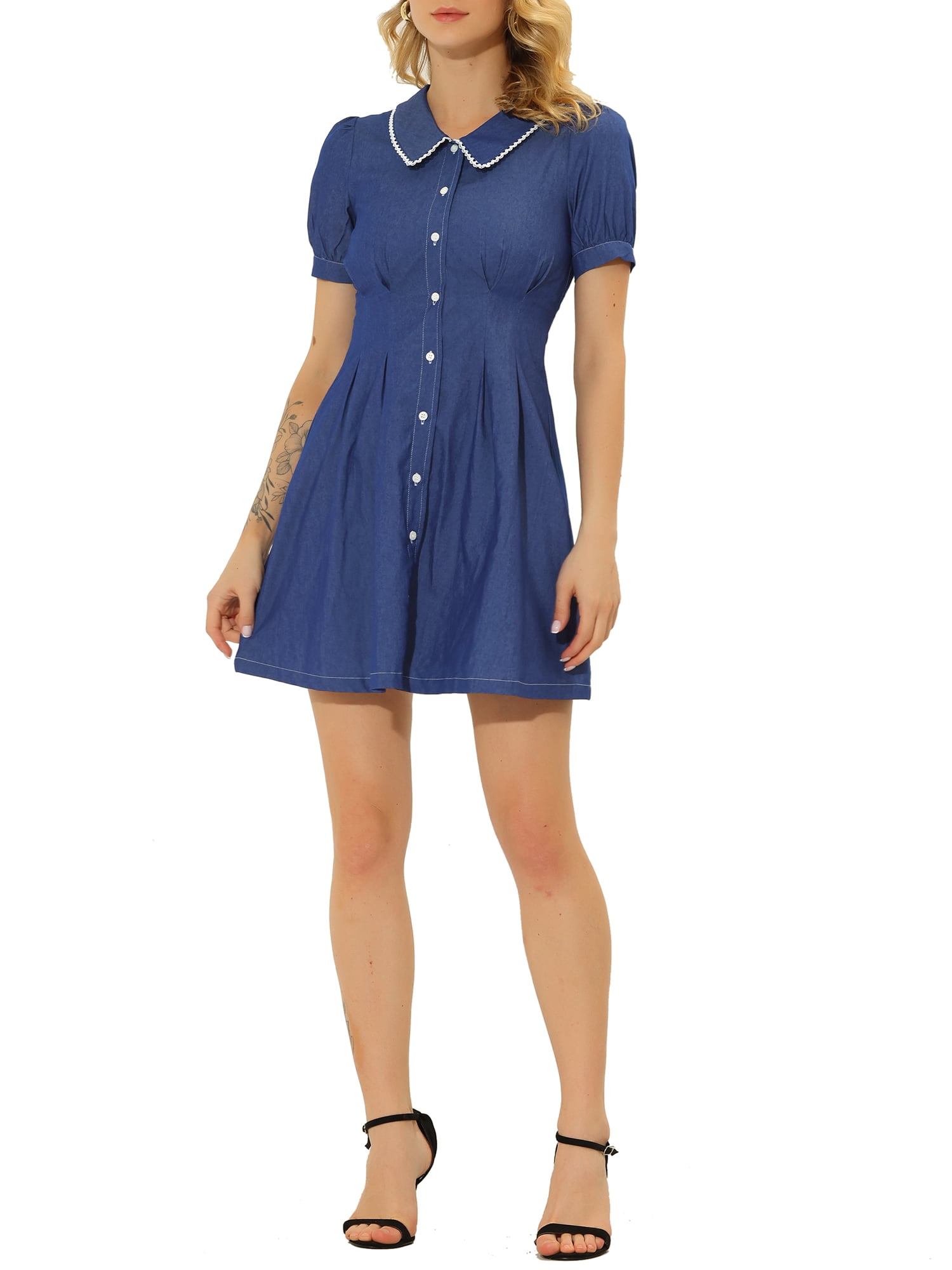 Lapel Buttons Puff Sleeves Denim Mini Dress