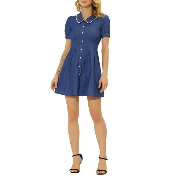 INSPIRE CHIC Women's Denim Puff Sleeve Button Front Flare A-Line Jean Mini Dresses M M-Blue