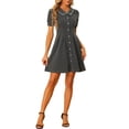 thumbnail image 1 of INSPIRE CHIC Women's Denim Puff Sleeve Button Front Flare A-Line Jean Mini Dresses XS Dark Grey, 1 of 5