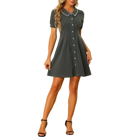 INSPIRE CHIC Women's Denim Puff Sleeve Button Front Flare A-Line Jean Mini Dresses S Dark Grey