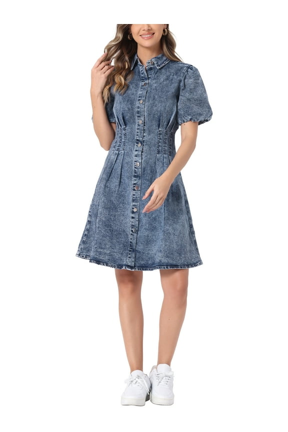 Women's Dress Denim Puff Short Sleeve Collared Button Up A-Line Casual Jean Dresses L Gray Blue