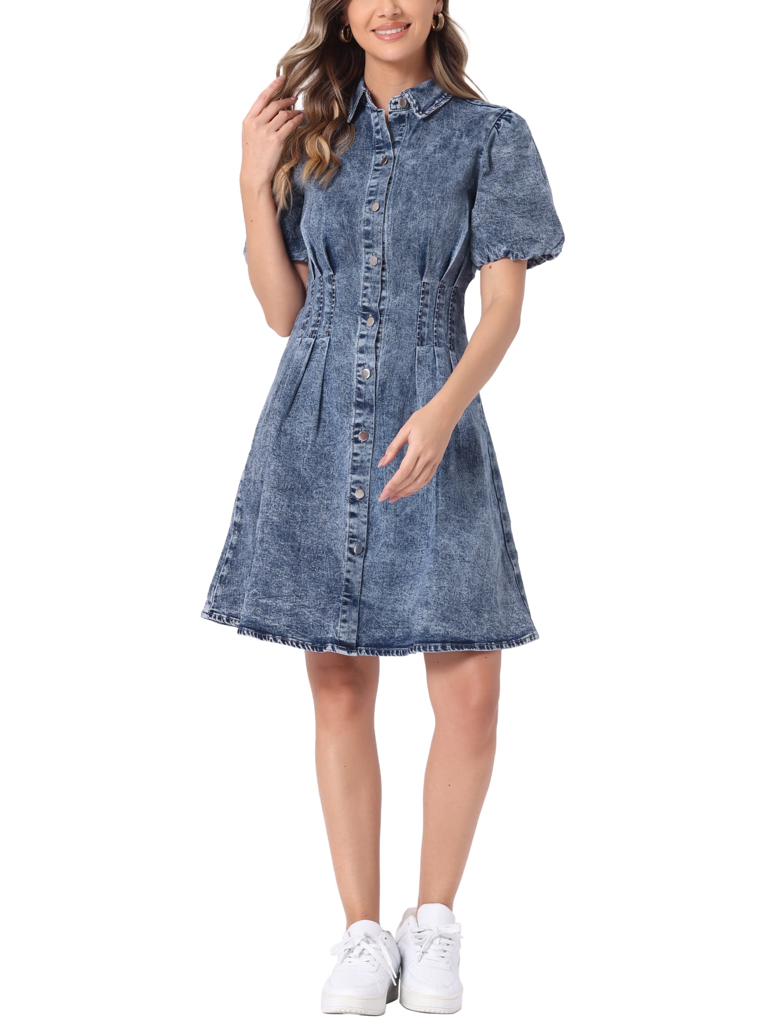 Ink printed puff sleeves, stand collar, lace-up retro a-line short dress