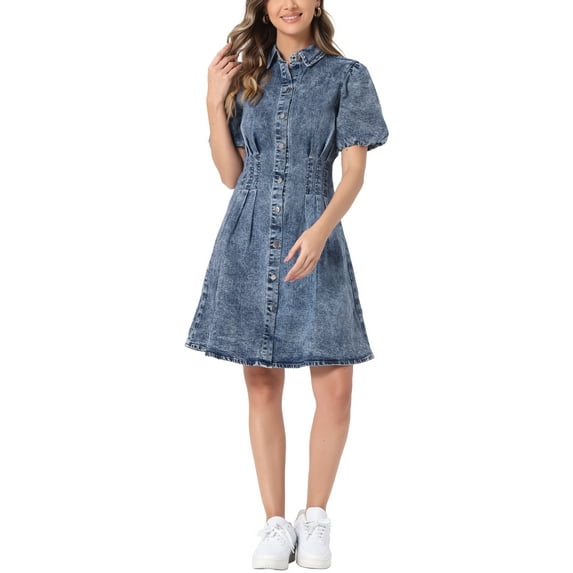 INSPIRE CHIC Women's Dress Denim Puff Short Sleeve Collared Button Up A-Line Casual Jean Dresses XL Gray Blue