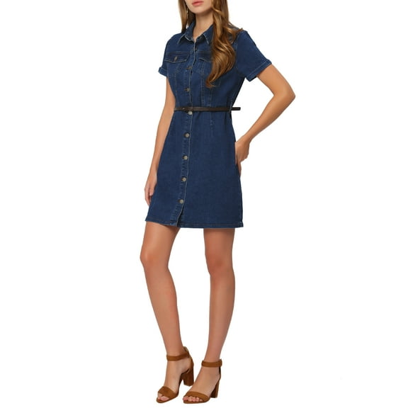 INSPIRE CHIC Women's Denim Shirt Dress Collar Short Sleeve Belted Button Up Jean Dresses XS Blue