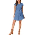 thumbnail image 1 of INSPIRE CHIC Women's Denim Short Sleeve Button Down Belted Shirt Dress, 1 of 6