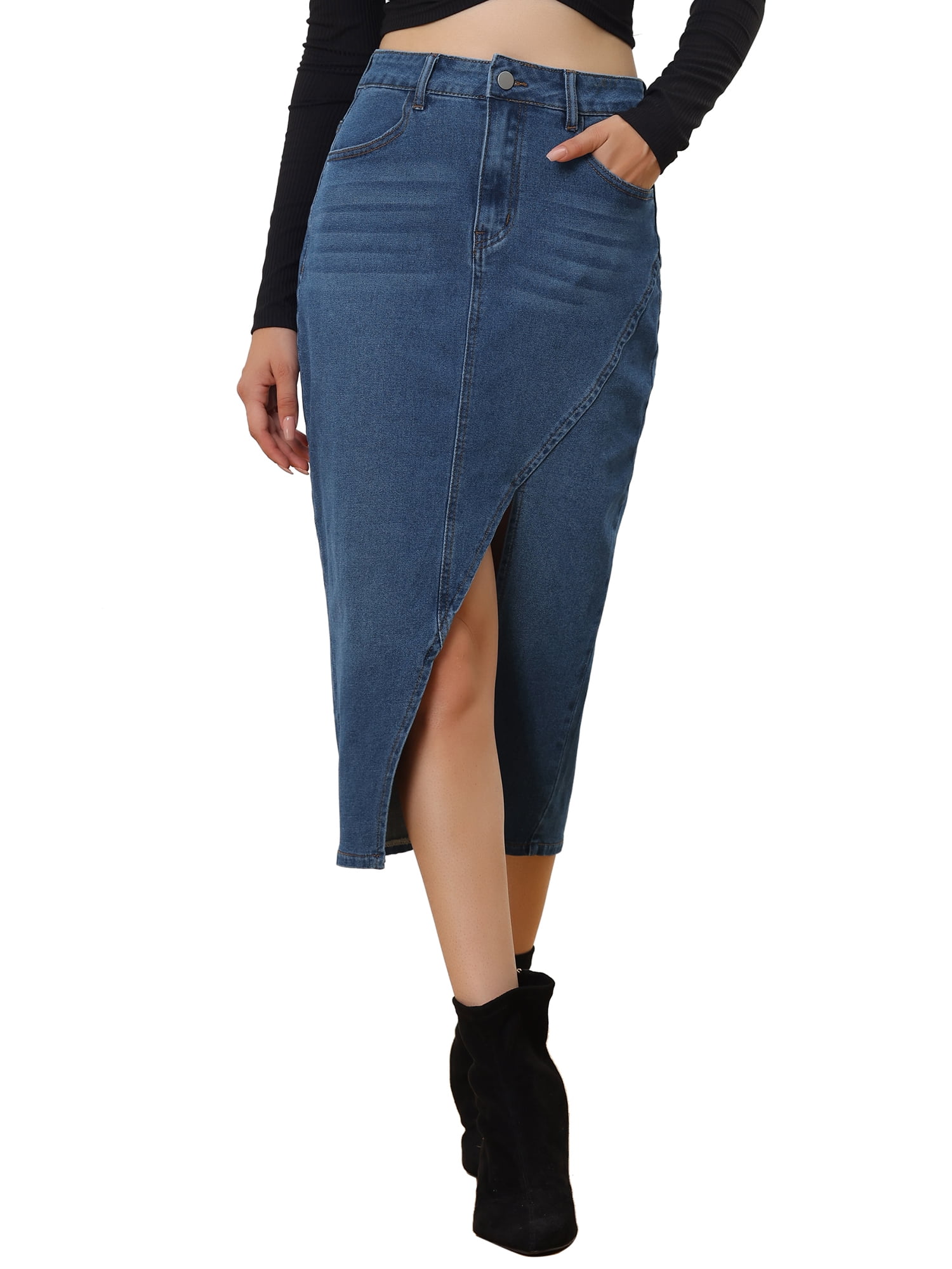 Allegra K Women's Denim Skirt Casual High Waisted Front Slit Knee