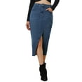 thumbnail image 1 of INSPIRE CHIC Women's Denim Skirt Casual High Waisted Front Slit Knee Length Jean Skirts, 1 of 5