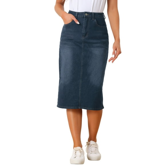 INSPIRE CHIC Women's Denim Skirts High Waist Zipped Split Back Midi Jean Skirts with Pockets M Black Blue