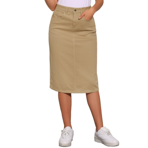 INSPIRE CHIC Women's Denim Skirts High Waist Zipped Split Back Midi Jean Skirts with Pockets M Khaki