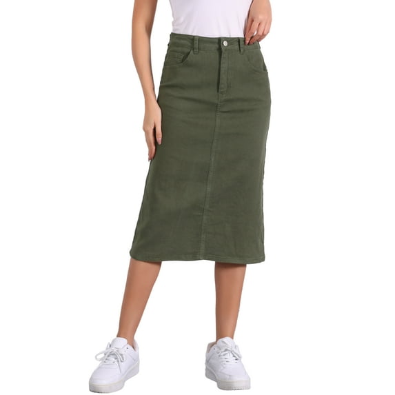 INSPIRE CHIC Women's Denim Skirts High Waist Zipped Split Back Midi Jean Skirts with Pockets XL Army Green