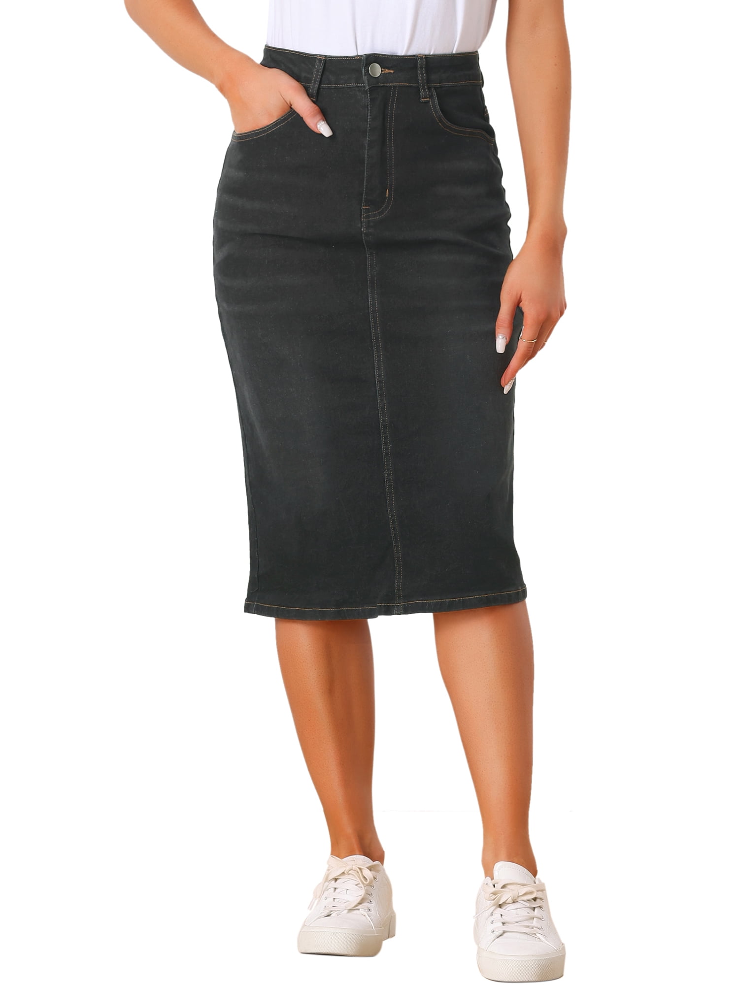 Allegra K Women's Denim Skirt, High Waist, Split Back, Stretchy Midi ...