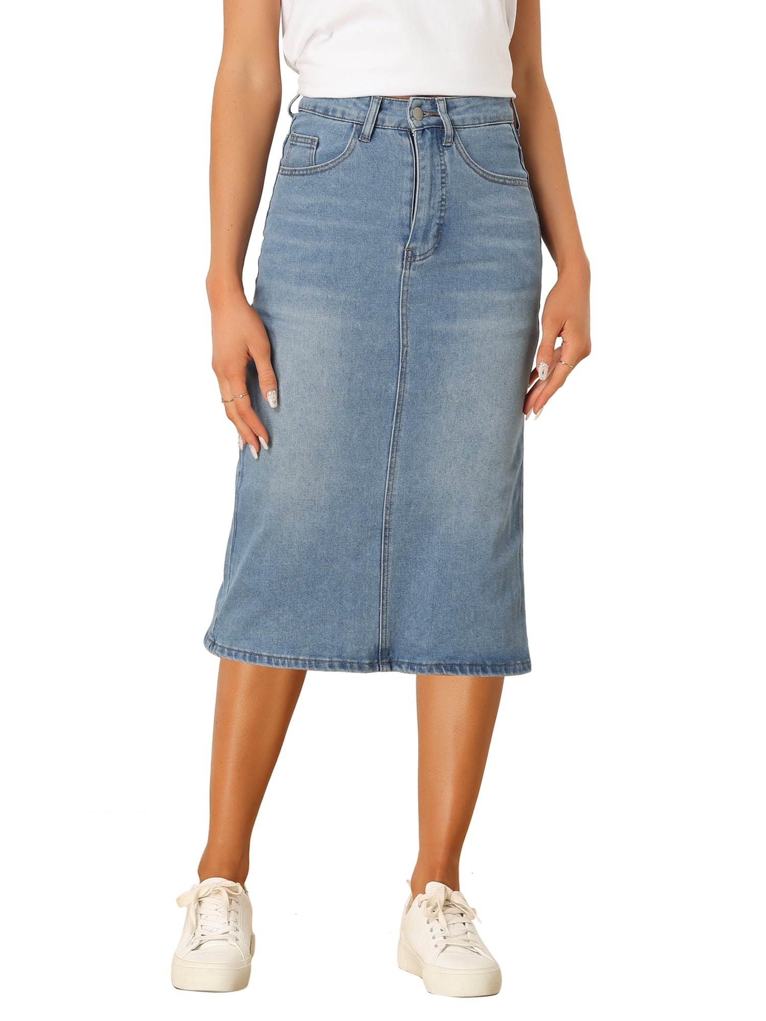 Chic Slit Midi Denim Skirt with Pockets