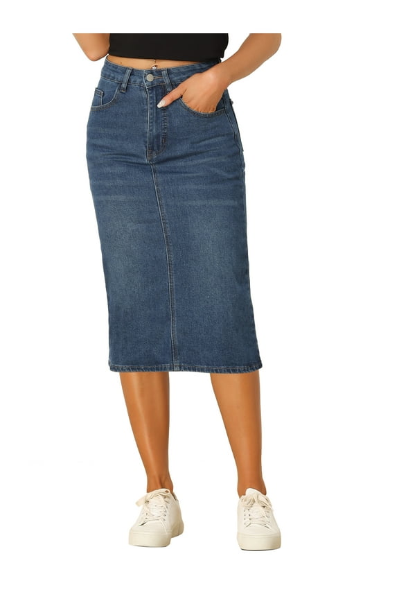 Women's Denim Skirts High Waist Zipped Split Back Midi Jean Skirts with Pockets XS Blue
