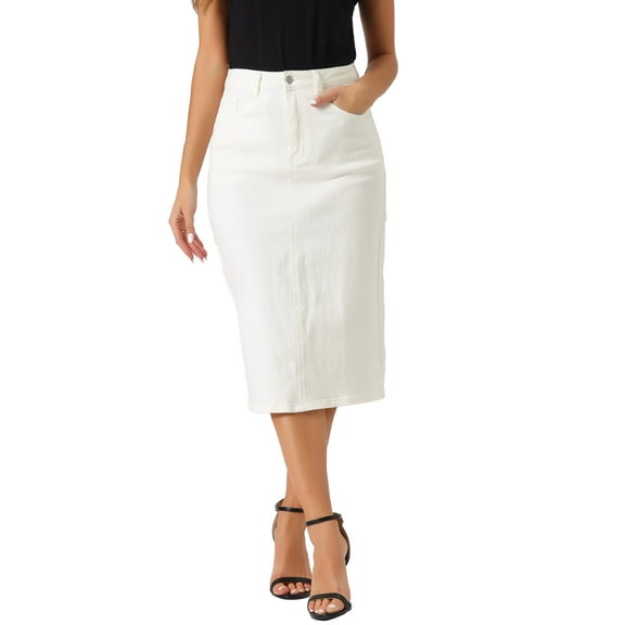 INSPIRE CHIC Women's Denim Skirts High Waist Zipped Split Back Midi Jean Skirts with Pockets XS Cream White