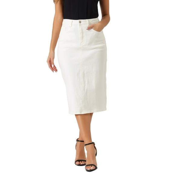 INSPIRE CHIC Women's Denim Skirts High Waist Zipped Split Back Midi Jean Skirts with Pockets XS Cream White