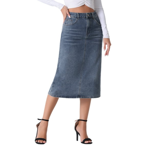 INSPIRE CHIC Women's Denim Skirts High Waist Zipped Split Back Midi Jean Skirts with Pockets XS Grey Blue