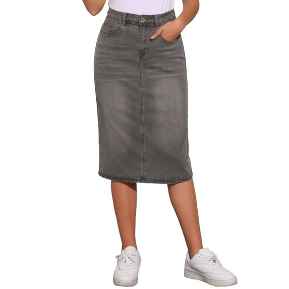 INSPIRE CHIC Women's Denim Skirts High Waist Zipped Split Back Midi Jean Skirts with Pockets XS Grey