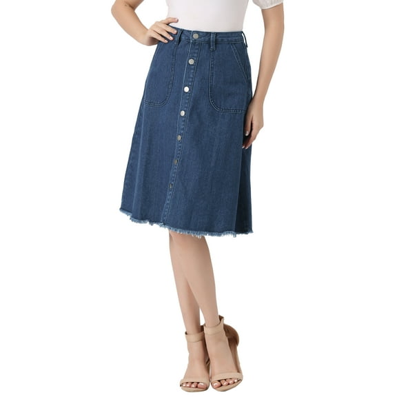 INSPIRE CHIC Women's Denim Skirt Raw Hem Button Down A-Line Midi Jeans Skirts XL Deep Blue