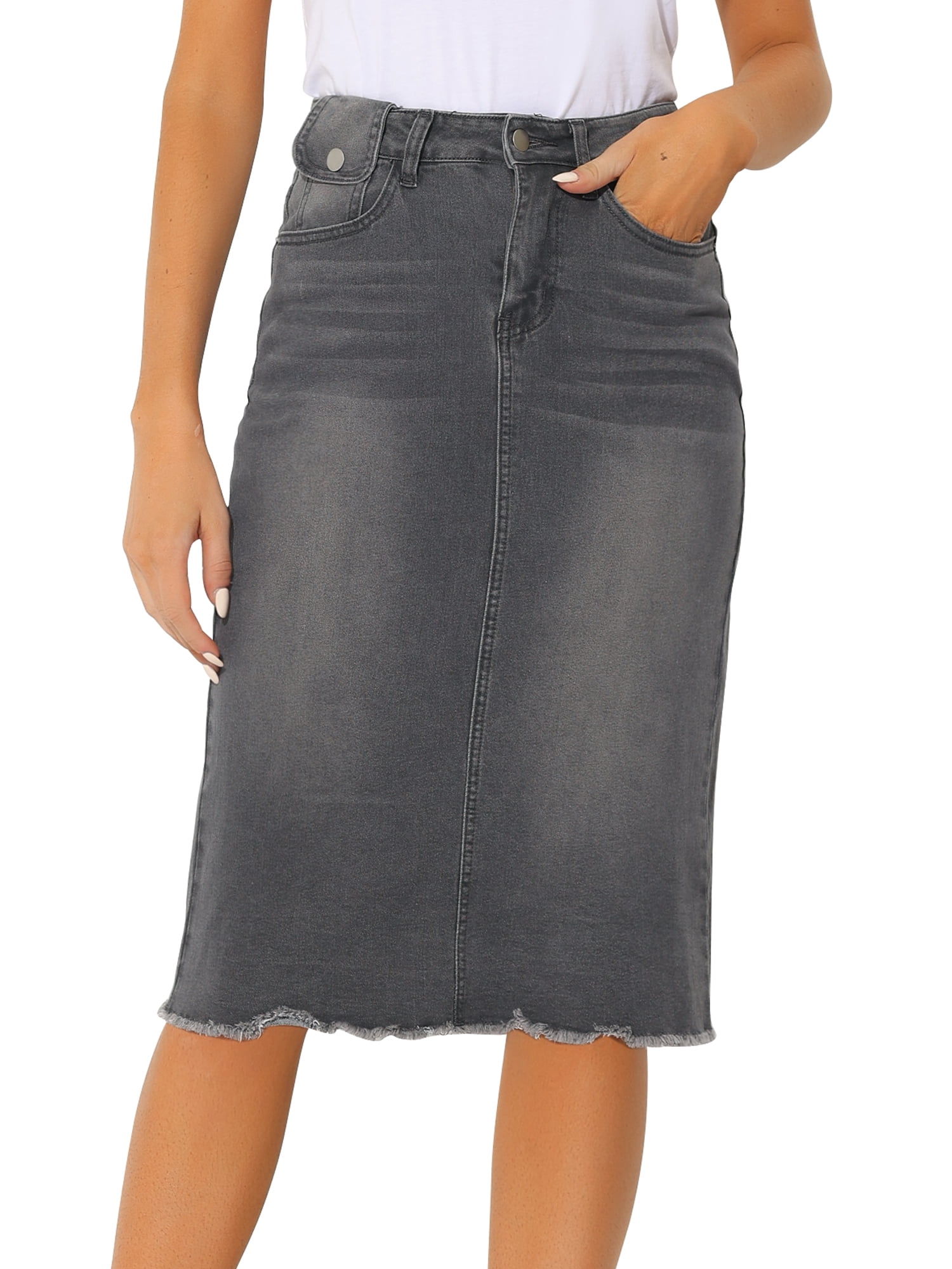 Allegra K Women's Denim Skirt Solid High Waist Back Vent Knee Length ...