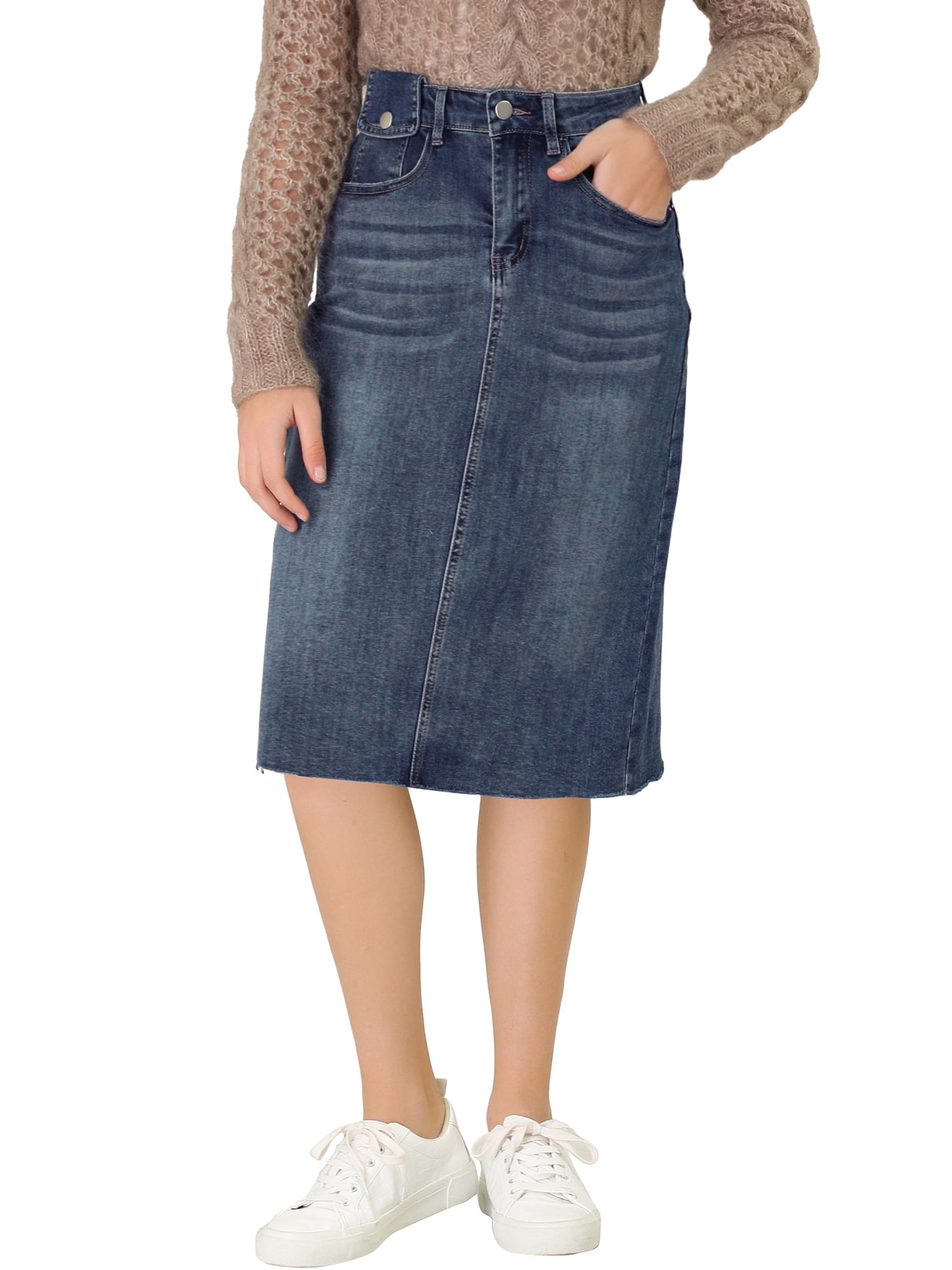 Women's Denim Skirt High Waist Raw Hem Knee Length Summer Wrap Jean Skirts L Blue