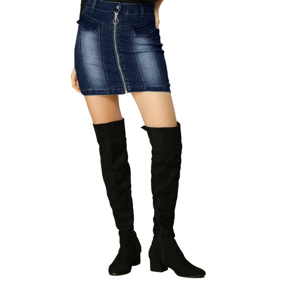INSPIRE CHIC Women's Denim Skirts Zip Front Slim Fit High Waist Mini Jean Skirt XL Dark Blue