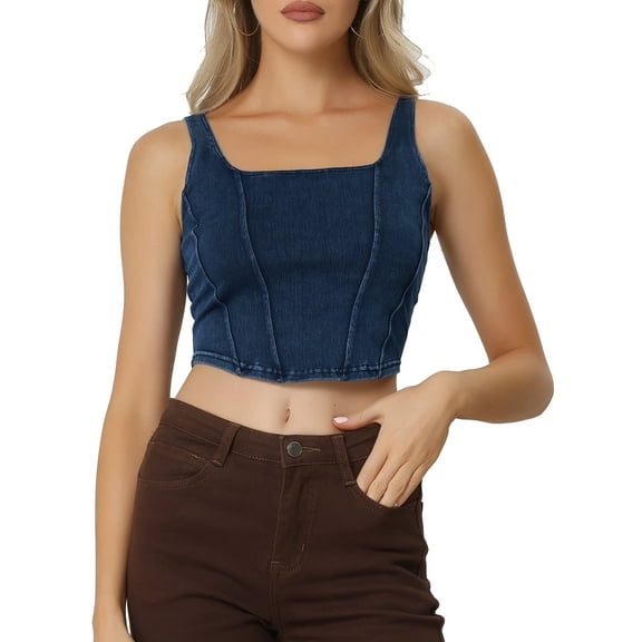 INSPIRE CHIC Women's Denim Tank Top Scoop Neck Stretchy Sleeveless Cropped Jean Vest XS Dark Blue