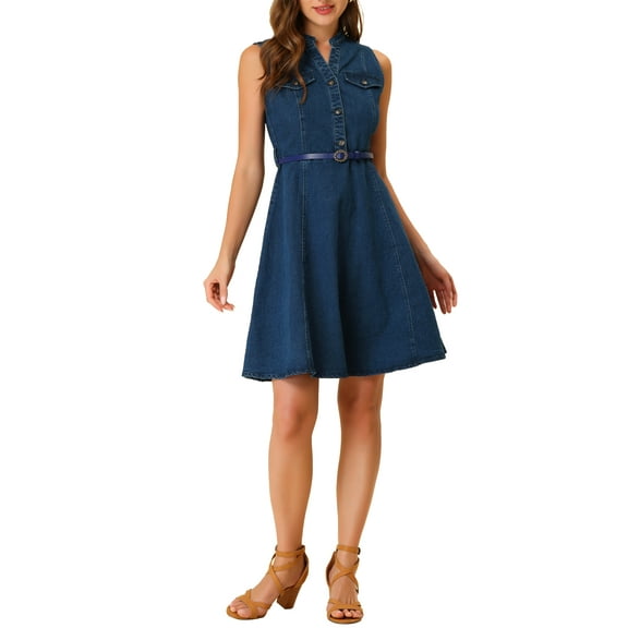 INSPIRE CHIC Women's Denim Sleeveless V Neck Belted Fit And Flare Shirt Dress