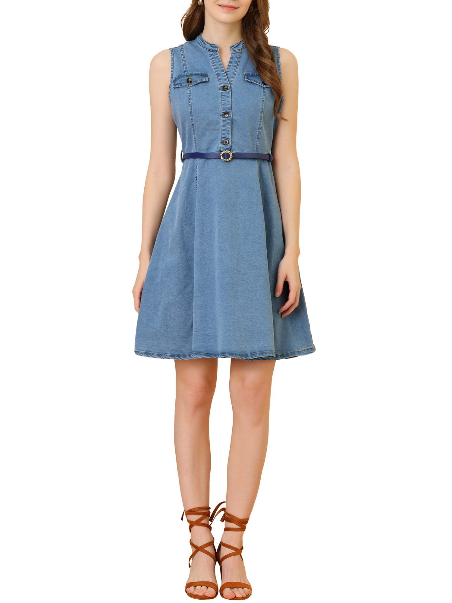Allegra K Women's Denim Sleeveless V Neck Belted Fit and Flare Shirt Dress, Size: XL, Blue