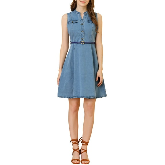INSPIRE CHIC Women's Denim Sleeveless V Neck Belted Fit And Flare Shirt Dress XS Blue
